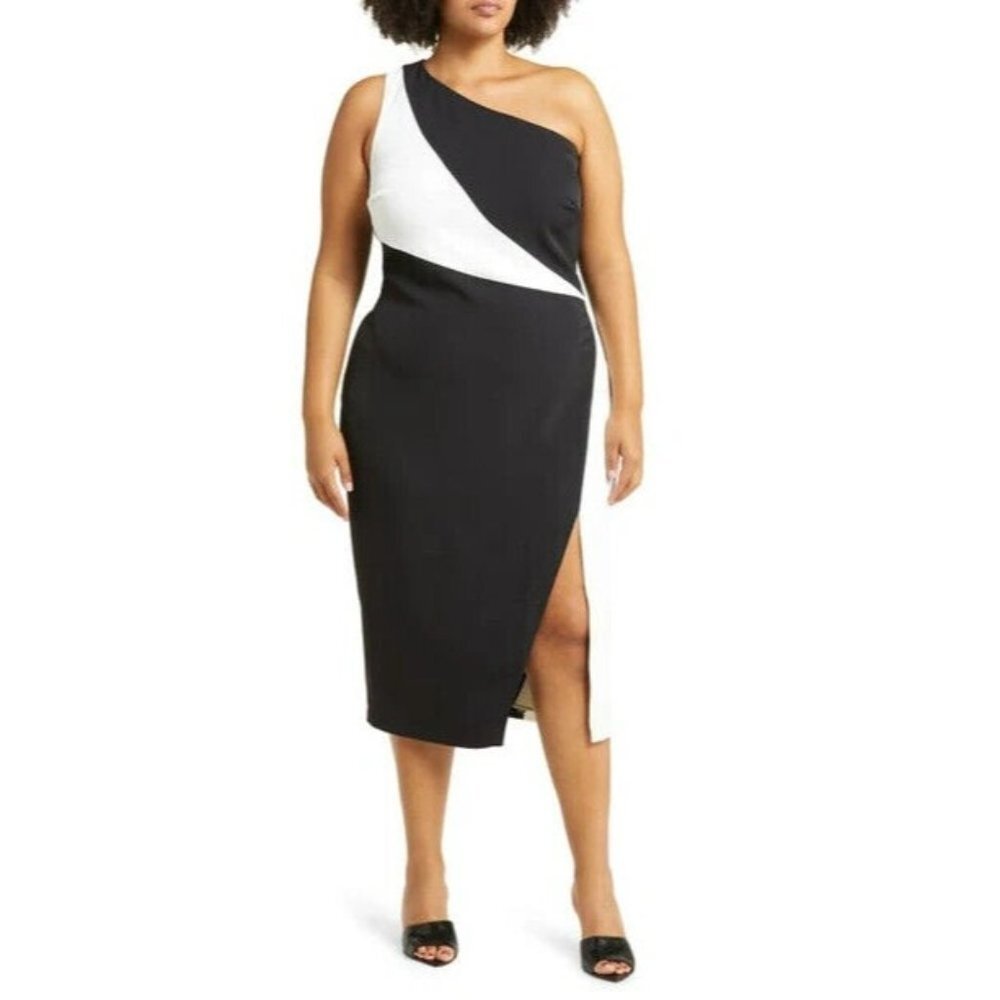 11 HONORE Womans Alexandra Colorblock One-Shoulder Dress In Black/White SZ 16‎
